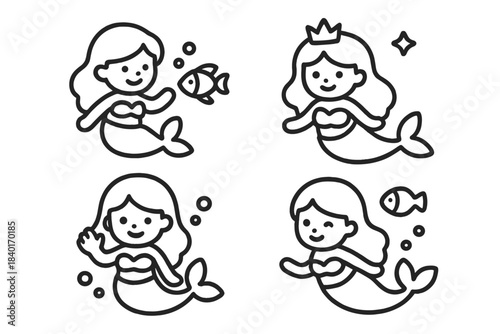Collection of cute cartoon mermaid characters swimming underwater with fish and bubbles
