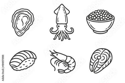 Minimalist black and white outline icons set featuring various raw and prepared seafood ingredients