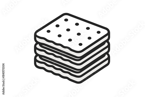 Isometric stack of three square savory crackers with wavy edges and docking holes