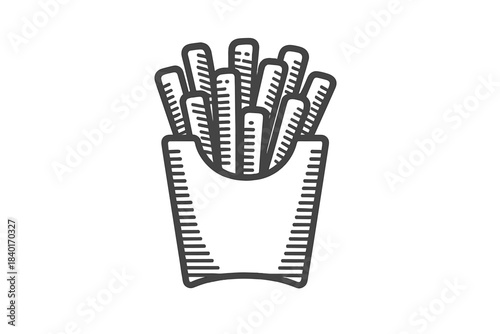 Classic engraving style depiction of french fries in a takeaway container