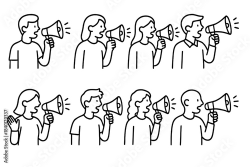 Diverse crowd speaking loudly through megaphones to communicate important messages