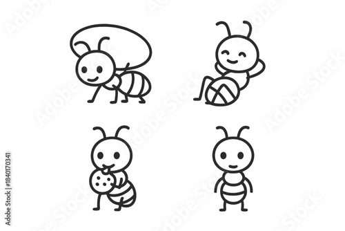 Cute cartoon ant character set showing various poses: working, relaxing, and eating