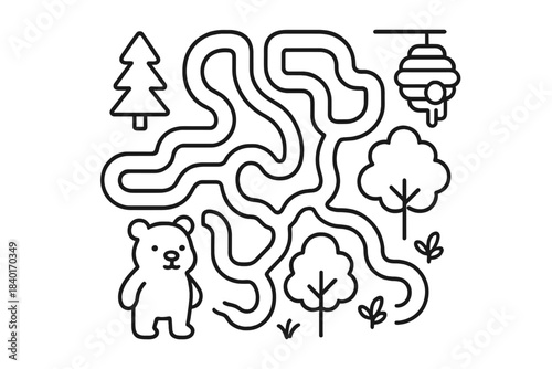 Simple outline forest maze puzzle featuring a bear trying to reach a hanging beehive