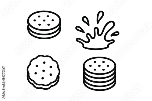 Simple line icons featuring crackers, biscuits, and a dynamic liquid splash element