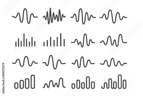 Sound wave patterns and audio frequency equalizer graphics for digital interfaces