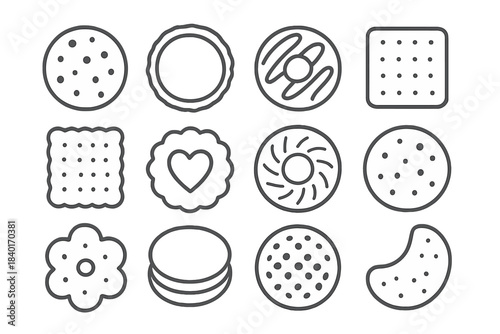 Sweet and savory baked goods assortment including cookies, biscuits, and crackers