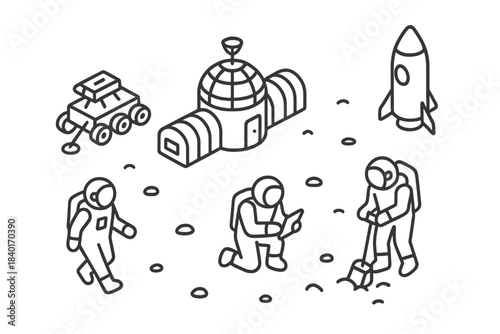 Space exploration mission on a planet surface featuring astronauts, rover, and base station