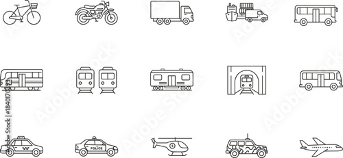 Line Style Transportation Icons Featuring Air, Land, and Sea Vehicles for Travel, Delivery, Mobility, and Urban Infrastructure Projects
