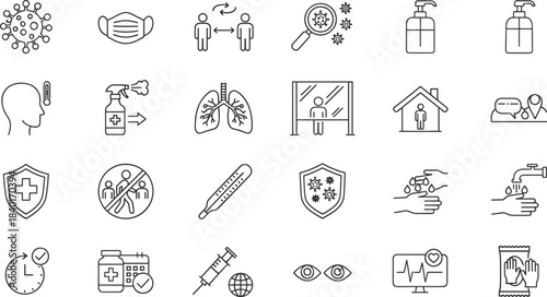 Line Style Health and Safety Icons for COVID-19 Prevention, Hygiene, Medical Care, Quarantine, Social Distancing, and Public Awareness Campaigns
