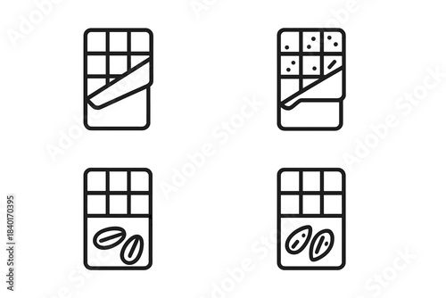 Four outline icons depicting chocolate bars with packaging, nuts, and inclusions