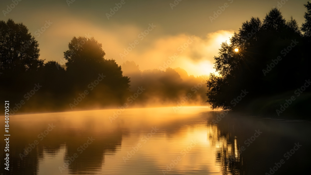 Fototapeta premium Misty golden sunrise over tranquil river with sun rays, silhouetted trees, and water reflections