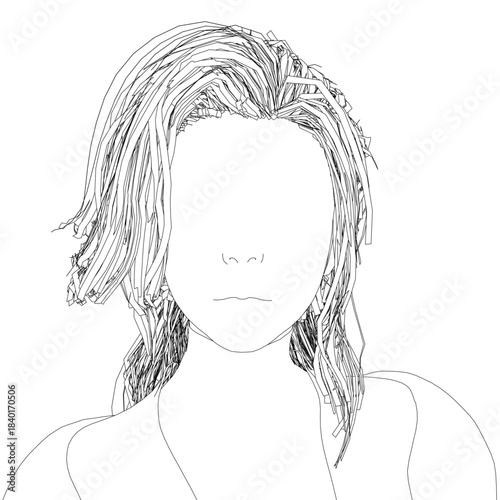 A fashionable girl with long hair poses in stylish clothes and heels. The black and white line drawing has a clean, minimalist aesthetic.