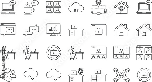 Remote Work and Cloud Collaboration Line Icons for Digital Communication, Home Office Setup, Workflow Management, and Online Productivity Tools