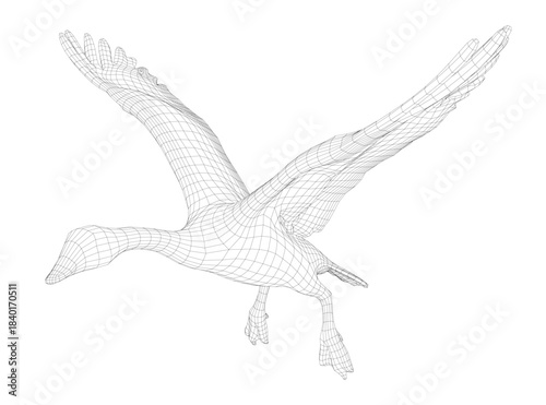 A 3D wireframe model of a flying goose with an impressive wingspan, featuring a long neck and beak, isolated on a clean white background.