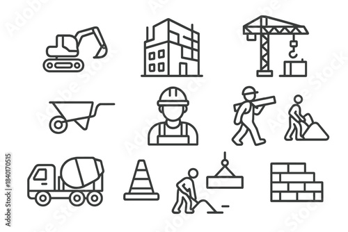 Construction site elements and building process with heavy machinery and workers
