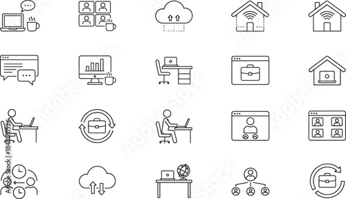 Remote Work and Cloud Computing Line Icons for Digital Collaboration, Home Office Setup, Online Meetings, Workflow, and Virtual Communication Tools