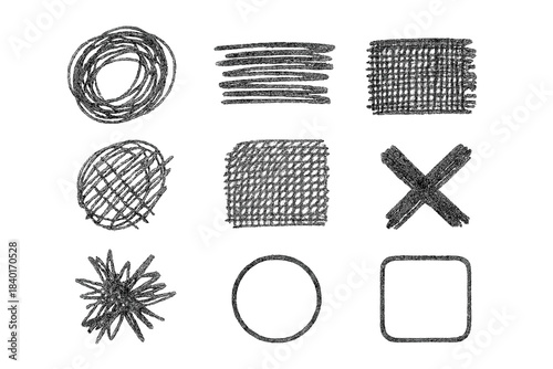 Nine abstract hand-drawn scribble shapes and textures for graphic design and artistic accents