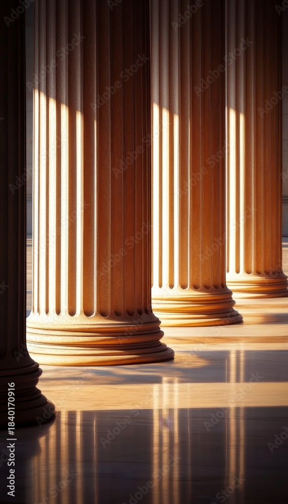 Naklejka premium Stunning Interior of Luxurious Marble Hall Featuring Majestic Corinthian Columns and Warm Sunlight