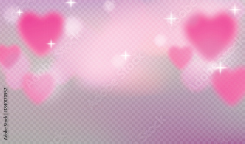 
Vector transparent background with pink dreamy clouds with glowing heart shapes, sparkling stars for romantic valentine and love themed design