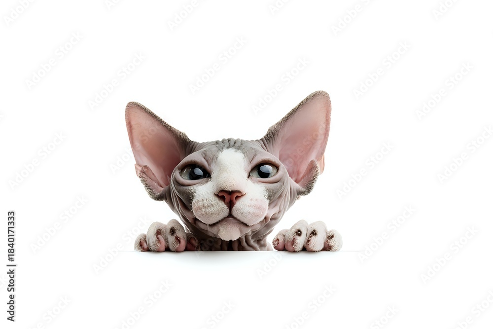 Fototapeta premium Adorable hairless sphynx kitten with large ears and blue eyes peeking over edge on white background isolated for pet care and veterinary designs.