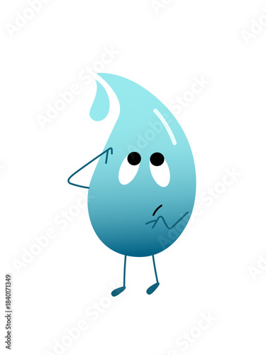 Cute water drop character standing with a puzzled, thoughtful expression, scratching its head. Represents a concept of problem-solving, decision-making, or water resource management challenges.