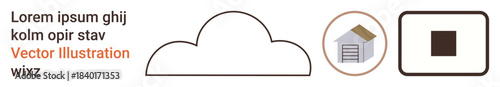 Data storage, real estate, iconography, business design, digital graphics, minimalism. Cloud outline, house garage symbol and square icon. Data storage and real estate concept
