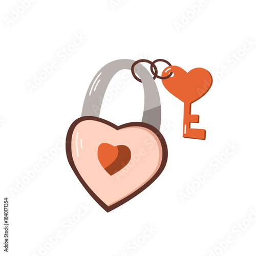 Illustration of a stylized pink heart-shaped lock (padlock) with an orange heart-shaped key. It represents themes of love, romance, commitment, and Valentine's Day.