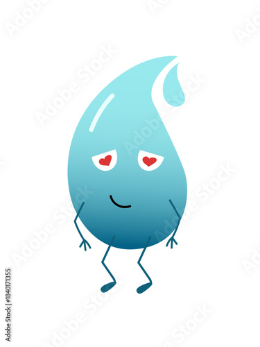Cute blue water drop character with a shy smile and red heart-shaped eyes. It represents the emotion of being in love, affection, and hydration concepts.