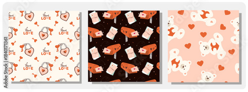 A collection of three seamless patterns for Valentine's Day. Hearts, keys, and locks, mailboxes and love letters,  teddy bears and hearts. Ideal for gift wrap and backgrounds.