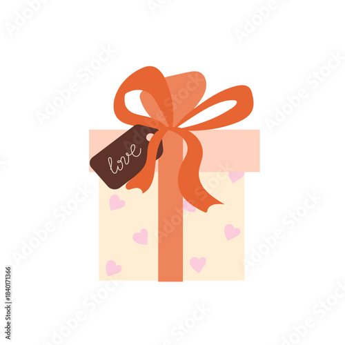 Illustration of a gift box decorated with pink hearts, tied with a large orange ribbon and bow. Perfect for Valentine's Day, romance, birthdays, and surprise gifts.