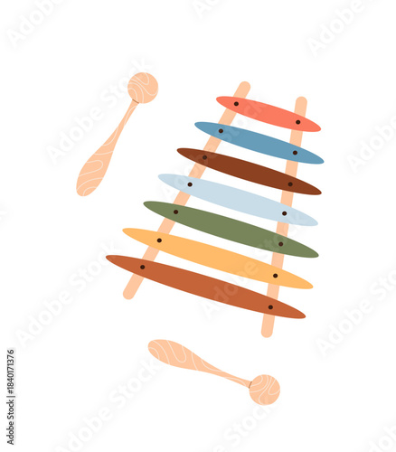 Illustration of a wooden xylophone with two mallets in soft, earthy tones. Represents childhood, music education, sensory play, and baby development.