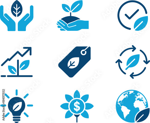 Eco-friendly business, sustainability, and environmental icon set
