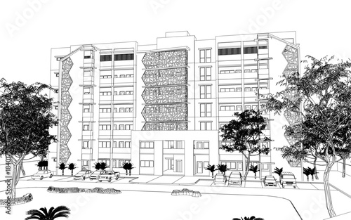 A black and white architectural drawing depicts an urban landscape with trees and parked cars in the foreground.