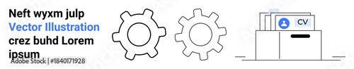 Workflow management, career development, employment process, CV storage, recruitment tools, system optimization. Two gear icons and a file holder storing a resume. Workflow management and career