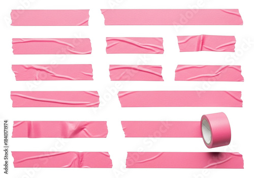 Collection of pink masking tape strips and roll isolated on transparent background