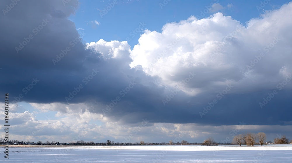 Obraz premium Vast Winter Landscape Featuring Snow-Covered Field and Dramatic Cloudy Sky with Sunlight Breaking Through the Clouds