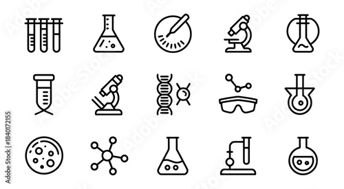 Minimal black line icon set for science research and laboratory equipment featuring DNA structures microscope test tube and chemical symbols