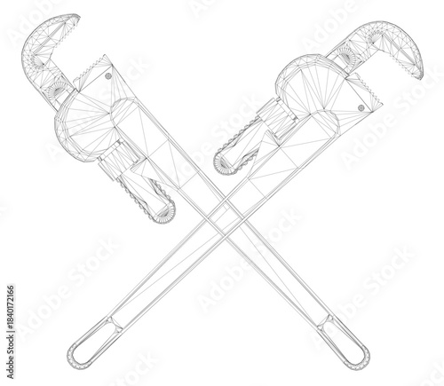 Detailed wireframe illustration of two adjustable vintage pipe wrenches on a clean white background. The technical drawing clearly shows the intricate teeth and adjustment mechanisms.