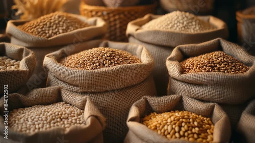 Rich variety of grains in burlap sacks, showcasing natural textures and colors for warm