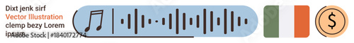 Audio technology, music production, financial transactions, national identity, cultural , media services. A musical note, audio waveform flag and coin. Music production and financial transactions