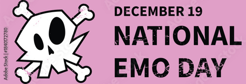 National Emo Day Banner – December 19 Celebration Graphic with Cute Skull and Crossbones on Pink Background. Vector 10eps.