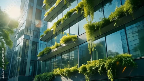 A modern glass building with green plants growing on the facade, symbolizing sustainability and nature integration.

