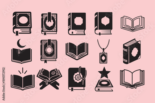 Collection of islamic books and symbols silhouette vector.