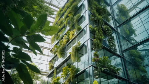A modern glass building with green plants growing on the facade, symbolizing sustainability and nature integration.
