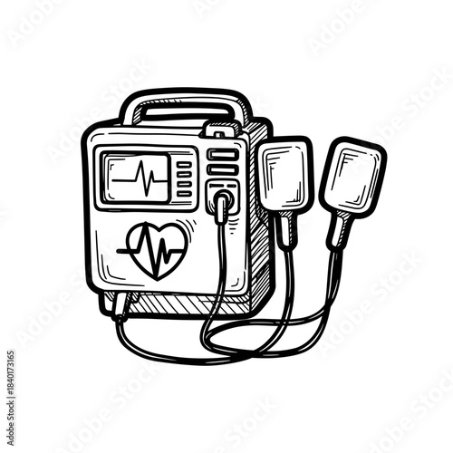 Defibrillator medical device with electrodes and heart monitor display  