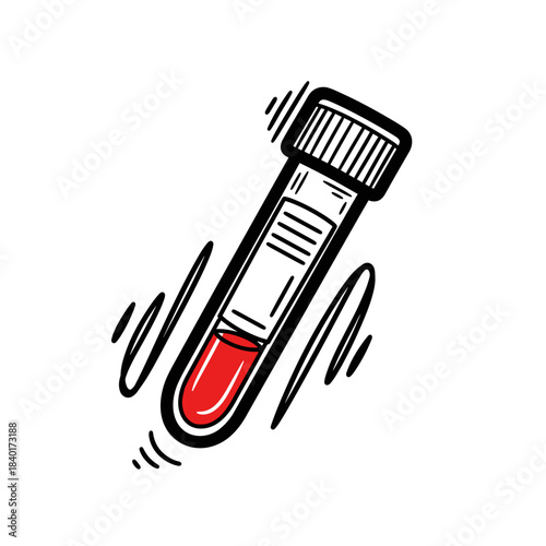 Blood sample tube filled with red liquid on white background  
