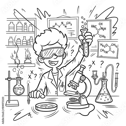 Cartoon scientist conducting experiments in a laboratory setting  