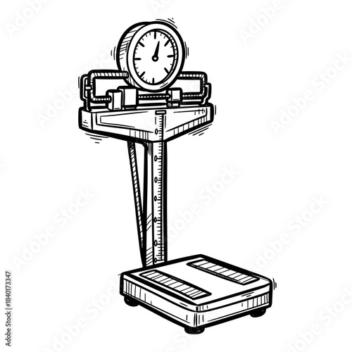 Medical scale with dial display in black and white sketch style  