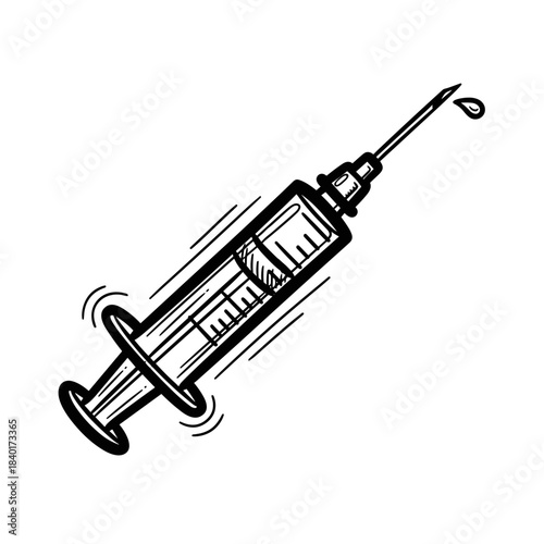 Medical syringe with liquid and droplet, illustrated in black and white  