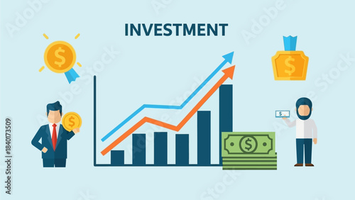 Financial growth and investment concept with various business and money icons.